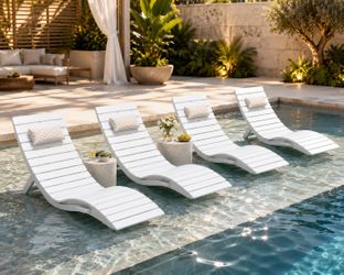 HDPS Collapsible Aquawave Outdoor Chaise Lounge with Headrest, White (Set of 4)