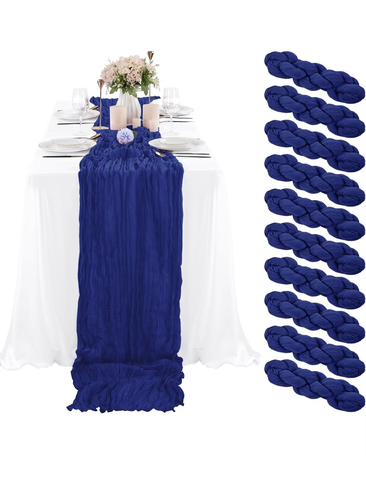 10 Pcs Royal Blue Cheesecloth Table Runner 10FT, Gauze Table Runner for Wedding Reception Sheer Bridal Shower Birthday Party Boho Table Decoration, Ru