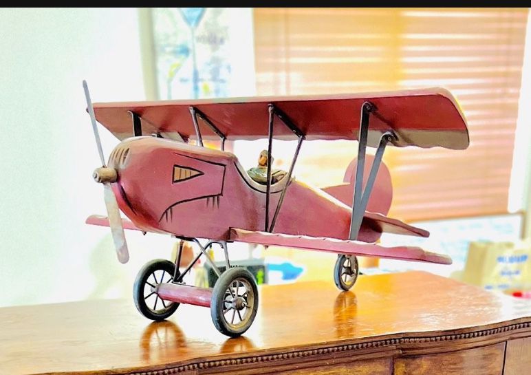 Vintage Wood Handcrafted Biplane Fighter Pilot Plane Airplane Model