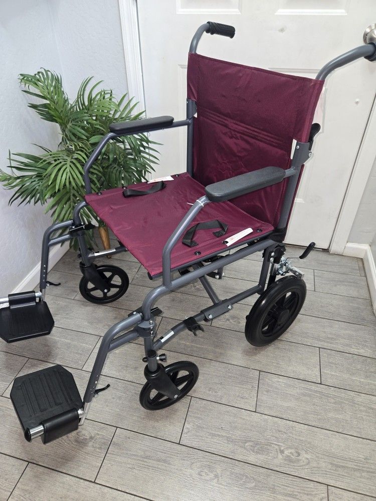 Medline Basic Steel Transport Chair - Full-Length Arms, Swing-Away Footrests, 12" Wheels, Silla De Ruedas