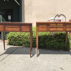 2 Antique  French Parquetry Tables W/ Leather Top Tray 