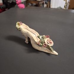 Blue Sky Porcelain Mini Shoe With Applied Roses & Gold Accents, Hand-painted 4.75"L X 2"H