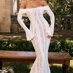 White Lace Off-the-Shoulder Dress Baby Shower Large