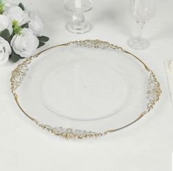 20-Pack Economy Plastic Charger Plates 13" Round Clear with Gold Embossed Baroque Rim