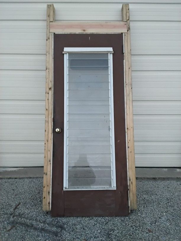 Nice Wooden Jealousy Glass Door With Frame, Door Nob 32" X 80" Very Clean Like New.