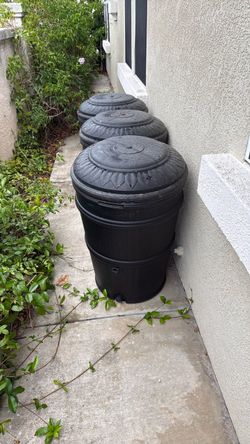 Black Plastic Rain Barrels – Set of 4