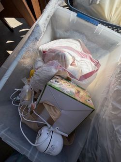 Baby items, baby bath, bottles, diapers