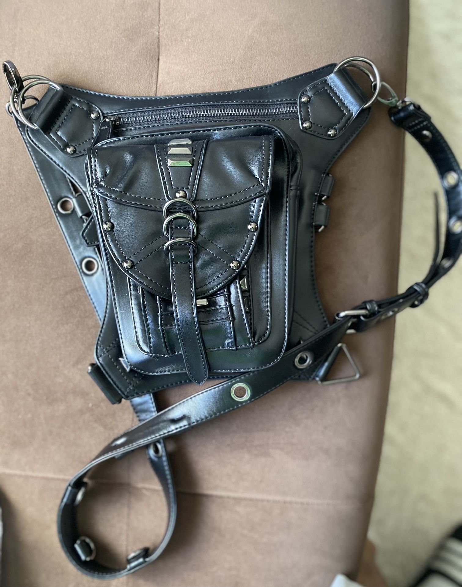 Women Shoulder Bag Black OKPTA Rock PU Leather Steampunk Handbag Waist Pack