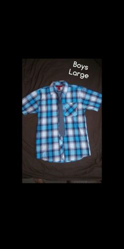 Boys Plaid Button-down Shirt w/Tie- 14/16