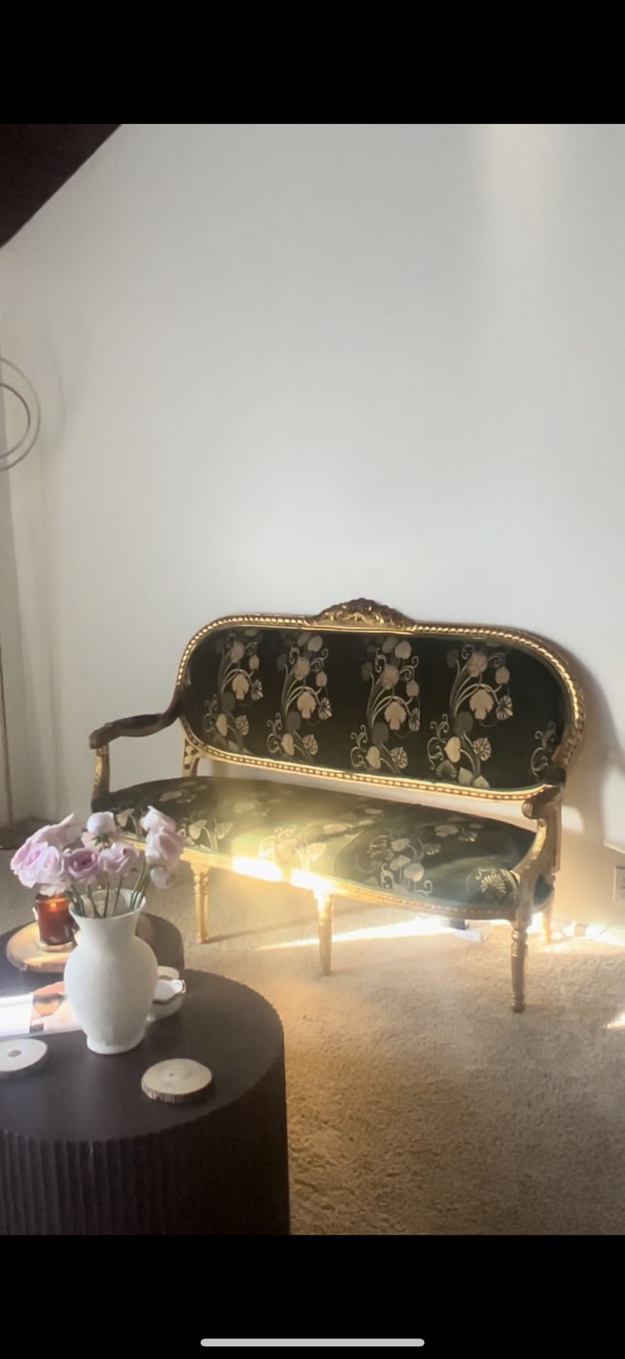 dark green and gold couch 