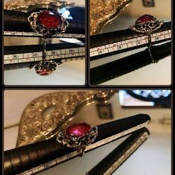 VINTAGE ART DECO ART NOUVEAU CZECH CZECHOSLOVAKIAN RED PINK RUBY GLASS RHINESTONE CRYSTAL SILVER FILIGREE VICTORIAN RING JEWELRY