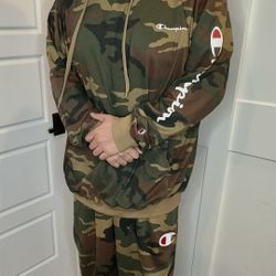 Champion, Big & Tall Fleece Set, Hoodie 3XL + Sweatpants 4XL, Camouflage Green