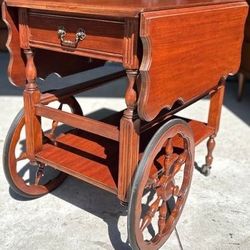 Vintage Solid Mahogany Solid Drop Leaf Serving Cart - Nice! 