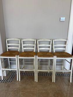Pottery Barn Set of 4 White Wood Bar Stools with Rush Seats
