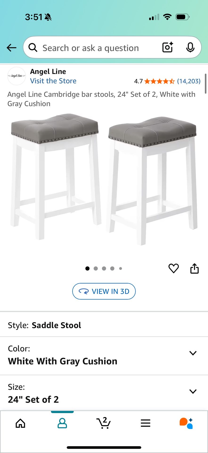 White With Gray Cushion Bar Stools 24’’ Set Of 2