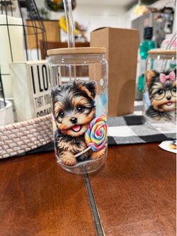 Yorkie dog glass cup with bamboo lid and straw