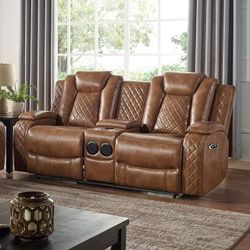 BROWN LEATHERETTE ENTERTAINMENT LOVESEAT LOVE SEAT BUILT IN SPEAKERS POWER RECLINERS RECLINER