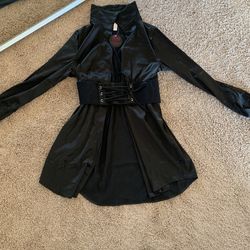 Black satin with long sleeve button down belted dress