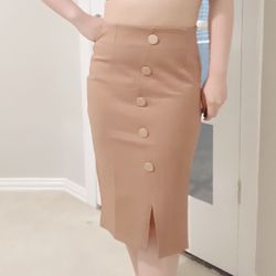 Women high waist elastic slit button pencil straight midi brown office skirt