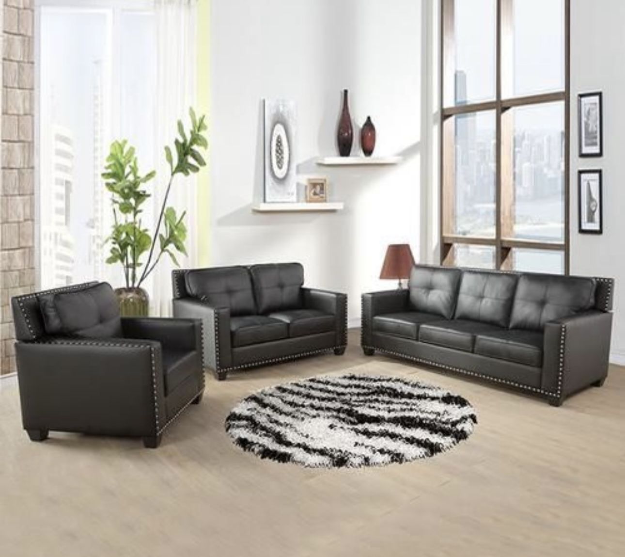 Modern Style Black Leather Three Piece Couch Set