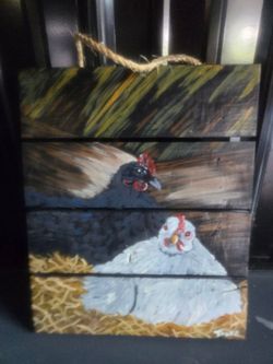 Handpainted Wood chickens wall decor art painting