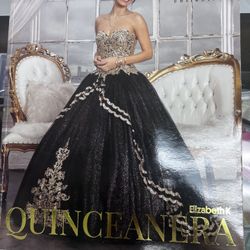 Quinceanera Black and  Gold Dress 