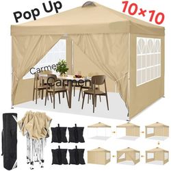 10x10 Pop Up Canopy Tent with 4 Removable Sidewalls, Waterproof Commercial Easy Adjustable Gazebo Tent with  4 Sandbags, Stakes & Ropes