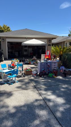 Yard sale toys tables dressers appliances