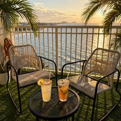 Patio Chairs Set of 2 — White Wicker Rope Outdoor Balcony Chairs, Black Metal Frame