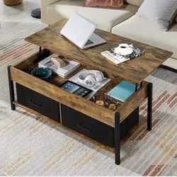 Lift Top Coffee Table with Storage and 2 Fabric Baskets, 41.5 Inch Wooden Raisable Top Coffee Table for Living Room & Office, Rustic Brown