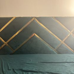 King Size Green Velvet/ Gold Accent Bed Like New!