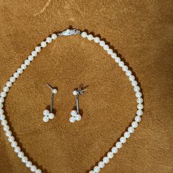 Vintage Mikimoto Sterling Silver Pearl Necklace & Earrings Set