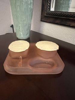 Vintage Pink Glass And Bakelite Vanity Set Trinket Box