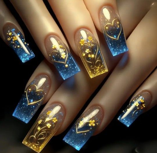 24-pcs. Blue & Golden Glitter Hearts/Floral Design Press-On Nails