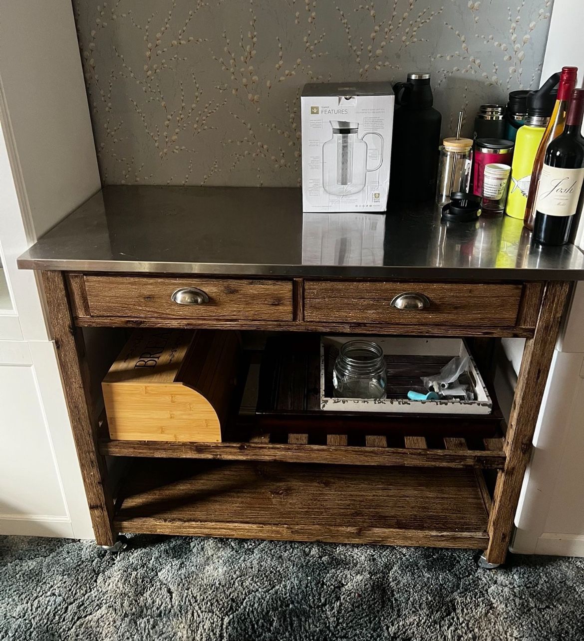 Stainless Steel Wooden Kitchen Bar Cart Table