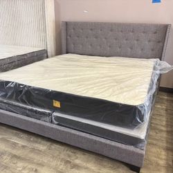 Grey Tufted Headboard Upholstered King And Queen Size Bed Frame | Mattress 