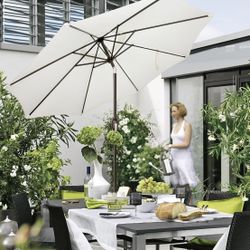 9' Outdoor Patio Umbrella with & Sturdy Ribs, Push Button Tilt and Crank - Creamy White