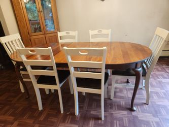Hitchcock table 96" solid cherry plus oak corner hutch and 6 chairs