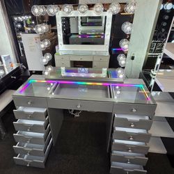 Super Deal Brand New Vanity 13 Drawers Grey With LED Light Inside, RGB Light, XL HOLLYWOOD Mirror W/ BLUETOOTH $849 
