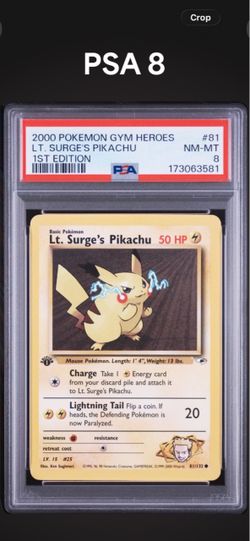 PSA 8 Lt. Surge's Pikachu 1st Edition Gym Heroes