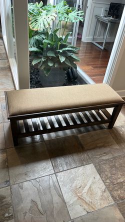 Upholstered Bench with Wood Slatted Shelf