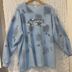 Artisans Sunschein Designs: Vintage V Neck Oversized Top w/Barn, Snow & Rabbits