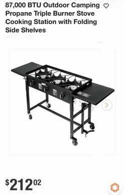 Barton Portable Triple Burner Propane Camp Stove (SKU 95537) with a side table, wheels, and a regulator hose 95537/1