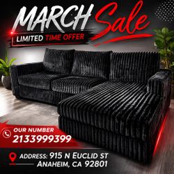 Black Jumbo Corduroy Sectional Sofa 92"W X 59"D  X 34" H