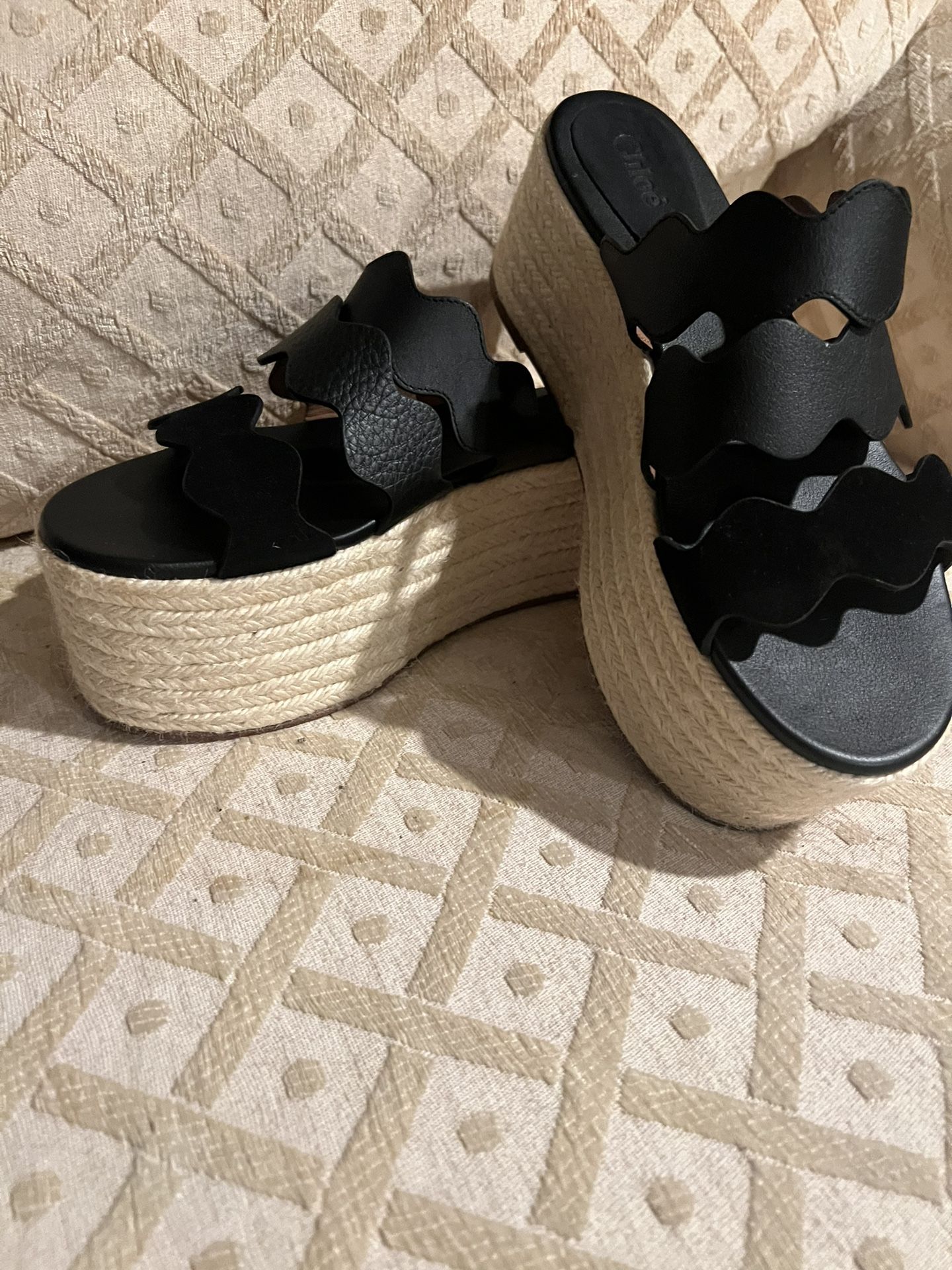 New Chloe Lauren Platform Espadrille Wedge Sandals Leather Suede