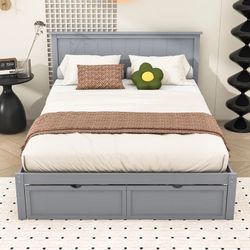 New - Full Size Bed Solid Wooden Platform Bed with Storage Drawer and Headboard