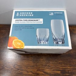 Anchor Hocking Central Park Drinkware 12-Piece Glass Set 12oz & 16oz Made USA