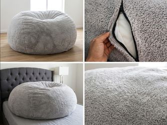 Large  Memory Foam LoveSac Sofa Beanbag - Comfy Gray Shag Cover