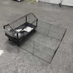 PawHut Rolling Metal Rabbit, Guinea Pig, or Small Animal Hutch Cage with Main House and Run, D51-138v01