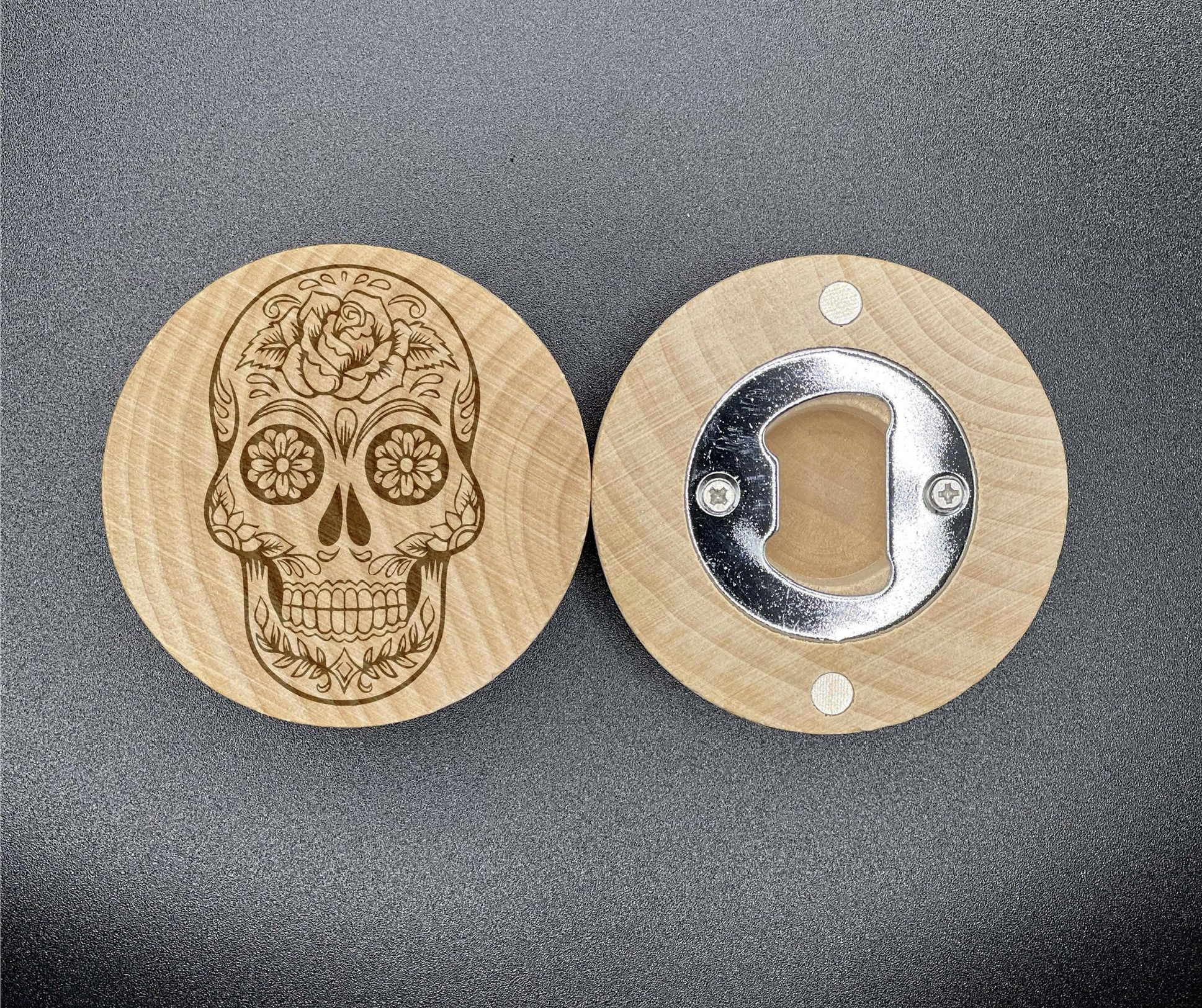 Sugar skull laser engraved wood fridge magnet bottle opener pop gift